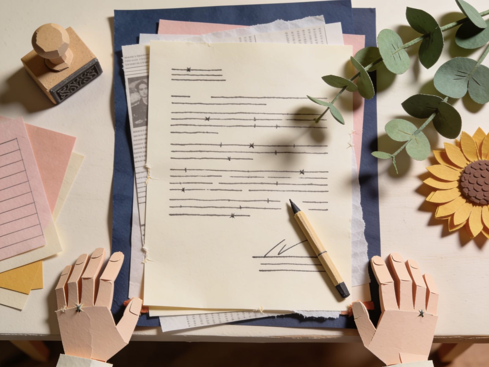A paper desk seen from above: layered documents, a paper stamp and a pen.