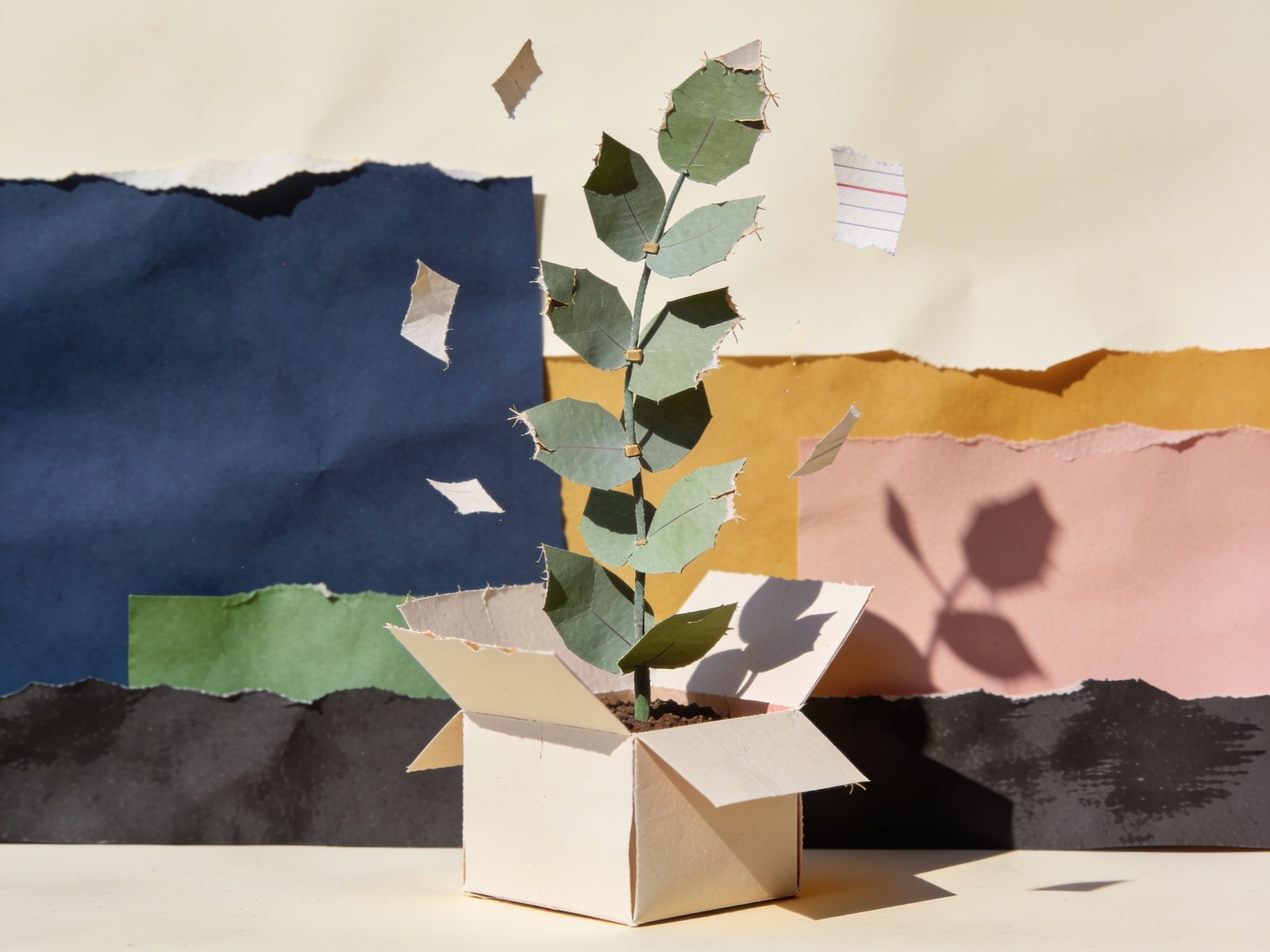 A paper plant with torn leaves rising out of an open paper box.