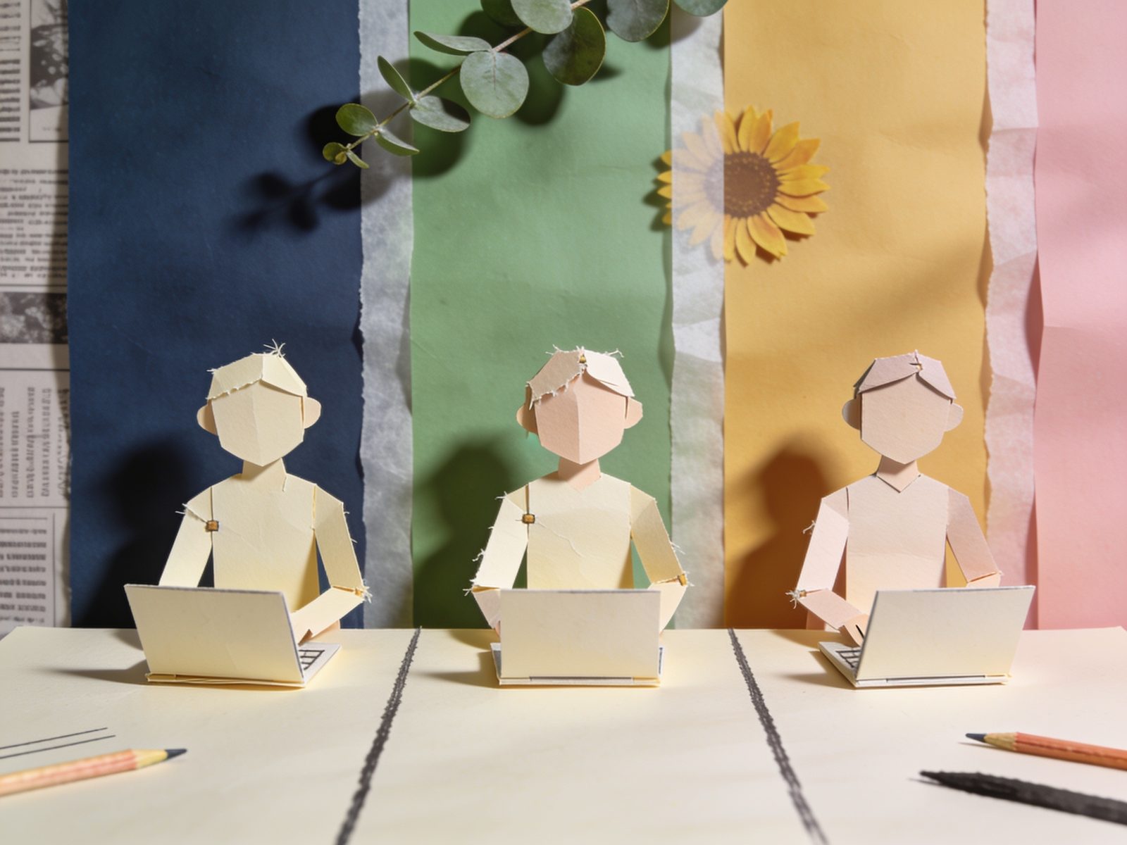 Three flat paper figures at a long paper table with paper laptops.